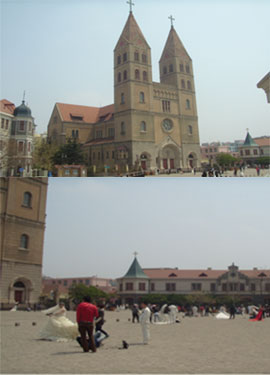 독일 조차시 지어진 천주교회 전경(위), 천주교회 앞 광장에서 촬영 중인 웨딩커플들(아래) ⓒ양기혁