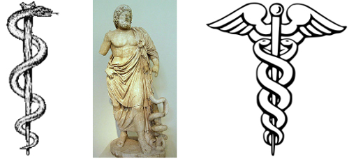 왼쪽과 가운데. 아스클레피우스의 지팡이와 아스클레피오스상. 
오른쪽. 헤르메스의 지팡이 커듀셔스(caduceus)(출처. 위키백과).
