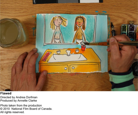 100개의 다른 코 Flawed. 안드레아 도르프만, 캐나다, 2010, 10분 ,애니메이션 다큐멘터리
성형외과 의사를 만나면서 주인공 안드레아는 자신의 불완전함에 대해 의문을 갖게 된다.
외모과 자존감 둘 모두를 가져가기를! (제공. 제주여민회, 2011년 제주여성영화제).