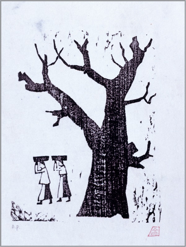 박수근, 나무와 두여인, 44x30.5cm, 목판화, 2002.jpg