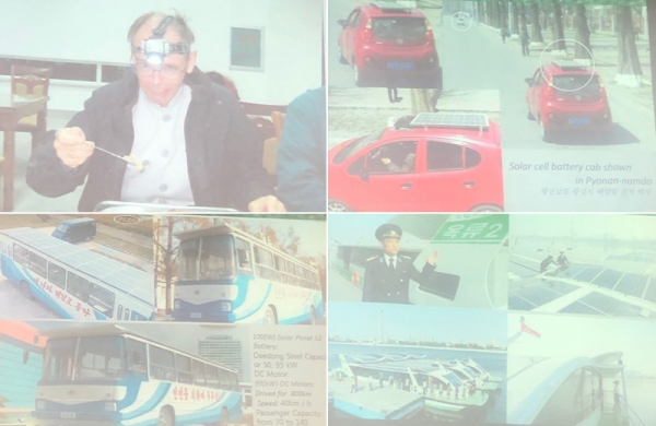사진 윗쪽에서 시계방향으로 식사 중 정전이 되자 후레쉬를 켜서 식사하고 있는 장면, 북한의 전력난을 상징적으로 보여준다. 차량 윗면에 태양빛(광) 전지를 단 택시, 태양빛 전지유람선, 태양빛 전지버스. ⓒ제주의소리