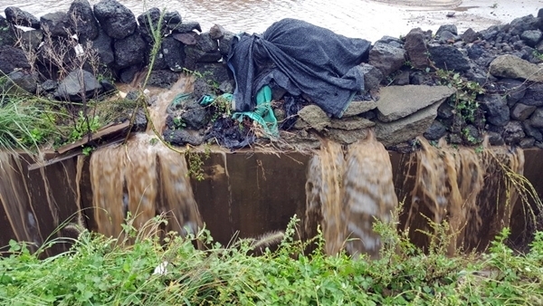 2일 아침 구좌읍 행원리 밭에서 폭우로 넘친 물이 쏟아지고 있다. ⓒ제주의소리