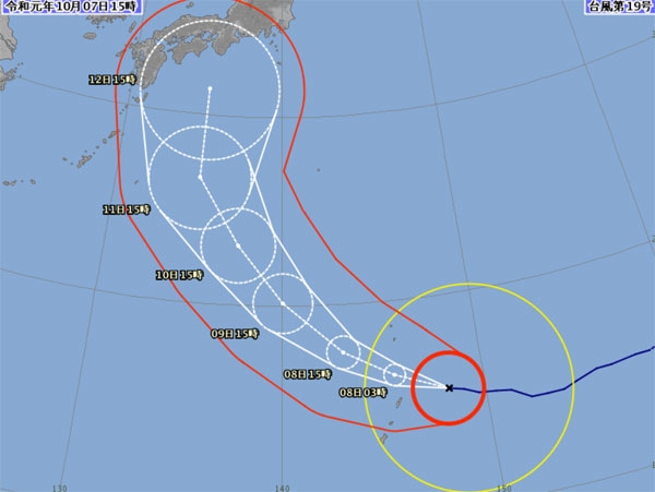 일본기상청이 예측한 제19호 태풍 하기비스 진로.