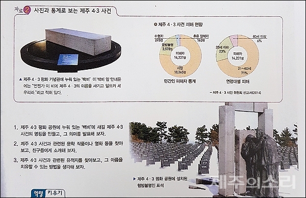 씨마스출판사의 고등학교 한국사 교과서 249페이지에 ‘제주4.3사건, 제주도의 아픔을 어떻게 치유할 것인가’를 주제로 제주4.3평화기념관에 전시된 ‘백비’ 사진이 첨부돼 4.3이 소개되고 있다.