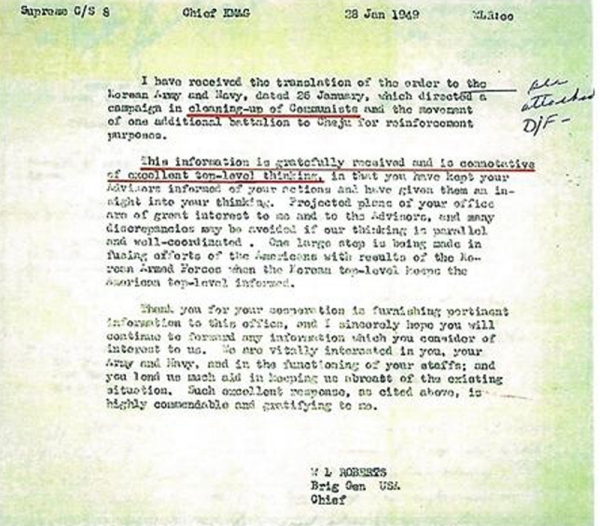 1949년 1월 ‘싹쓸이(cleaning-up)’와 로버츠 장군의 “최고 수준의 사고(top level thinking)”라고 극찬한 내용을 기록한 미 극동군사령부 문서. ⓒ제주의소리