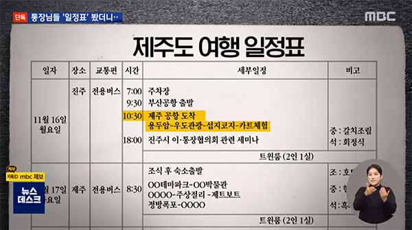 MBC 뉴스데스크가 26일 단독 보도한 경남 진주시 이·통장 회장단의 제주여행 동선. [사진출처-MBC 뉴스데스크]