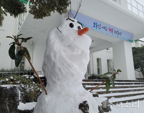 제주시 소속 공무원 안지성, 정지빈씨가 밤 사이 제작한 울라프 눈사람.