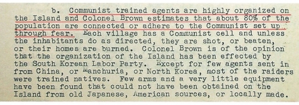 1948년 7월 “제주도민의 80%가 공산주의와 관계되어 있다”는 브라운 대령의 발언이 담긴 미 국무부 문서.[사진=제주4.3평화재단]