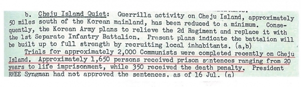 1949년 사면정책에 의해 하산한 2천명을 ‘공산주의자들’로 몰아세워 사형 350명 등 중형을 선고했다고 기록한 미 극동군사령부 문서.[사진=제주4.3평화재단]