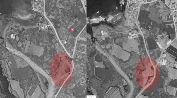 1988년(사진 왼쪽)과 1992년 당시 화북천 모습. 붉은 원이 있는 구역이 화북중계펌프장이 들어선 곳이다. 곤을마을 대책위는 하천이 매립돼 피해를 겪고 있다고 주장하면서 복구를 청원했다. ⓒ곤을마을 대책위.