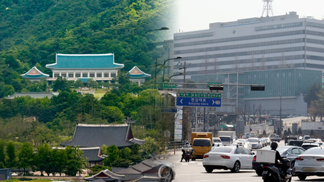 청와대 전경과 서울 용산 국방부 청사 앞으로 차량이 지나가는 모습. 사진=오마이뉴스 권우성-유성호.