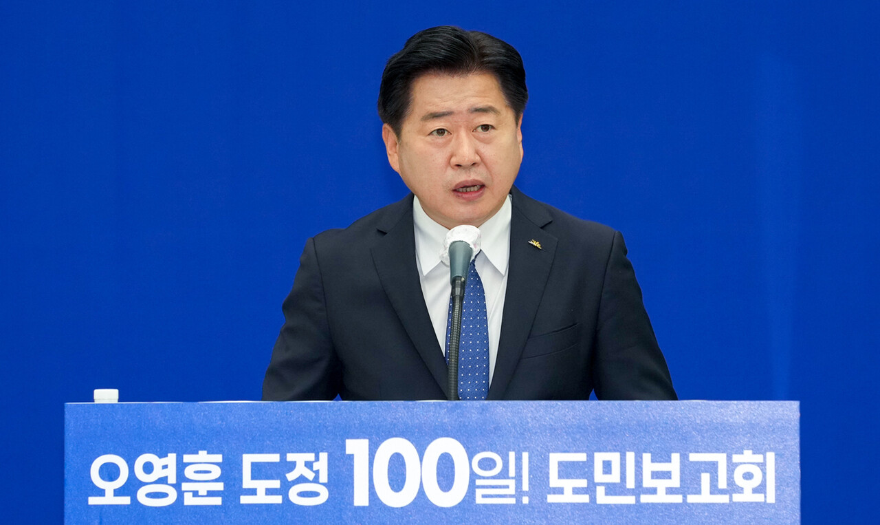 6일 오전 제주도청 4층 대회의실에서 취임 100일 기자회견을 갖고 있는 오영훈 제주도지사. 사진=제주특별자치도 ⓒ제주의소리