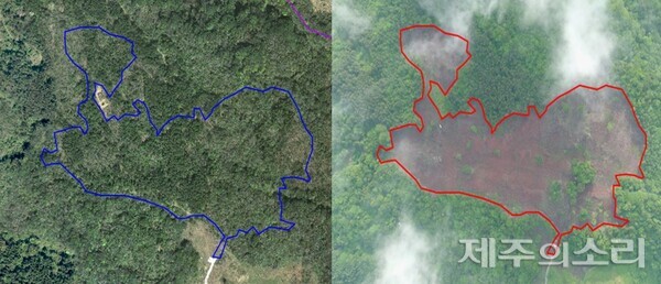 훼손되기 전(왼쪽)과 후(오른쪽)의 제주시 조천읍 일대 토지 모습. ⓒ제주의소리 자료사진