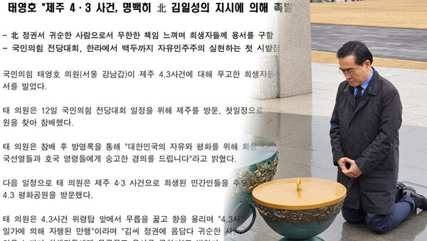 지난달 12일 제주를 찾아 참배하며 '4.3은 북한 김일성의 지시에 의해 촉발됐다'고 주장한 국민의힘 태영호(사진) 국회의원. ⓒ제주의소리 자료사진
