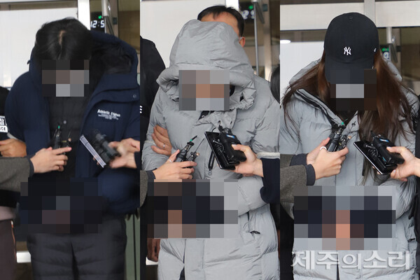 왼쪽부터 제주 유명음식점 강도살인 청부 사건 피고인 박모씨와 김모씨, 이모씨. ⓒ제주의소리 자료사진.