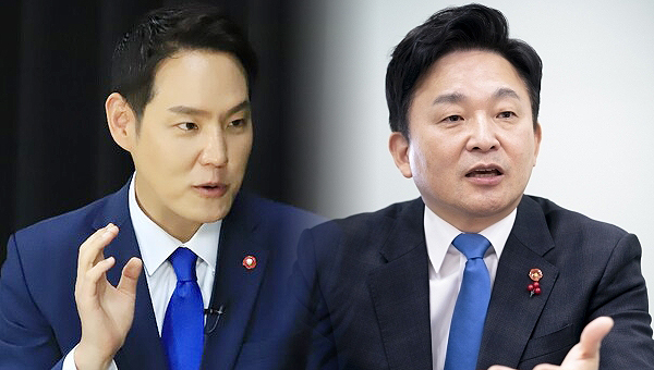 김한규 더불어민주당 국회의원(왼쪽)과 원희룡 국토교통부 장관(오른쪽).