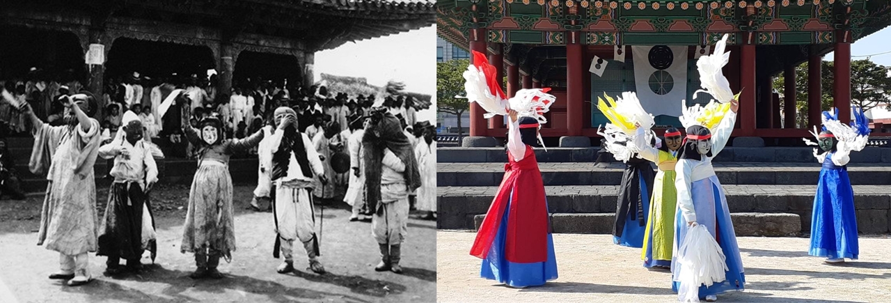 왼쪽이 1914년 촬영한 입춘굿 탈놀이, 오른쪽은 제주두루나눔이 복원한 입춘굿 탈놀이