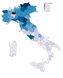 그림 : 이탈리아 2019년 지역별 1인당 GDP. 이탈리아는 남부와 북부의 경제력이 2배 이상 차이가 난다. 출처 : 위키백과