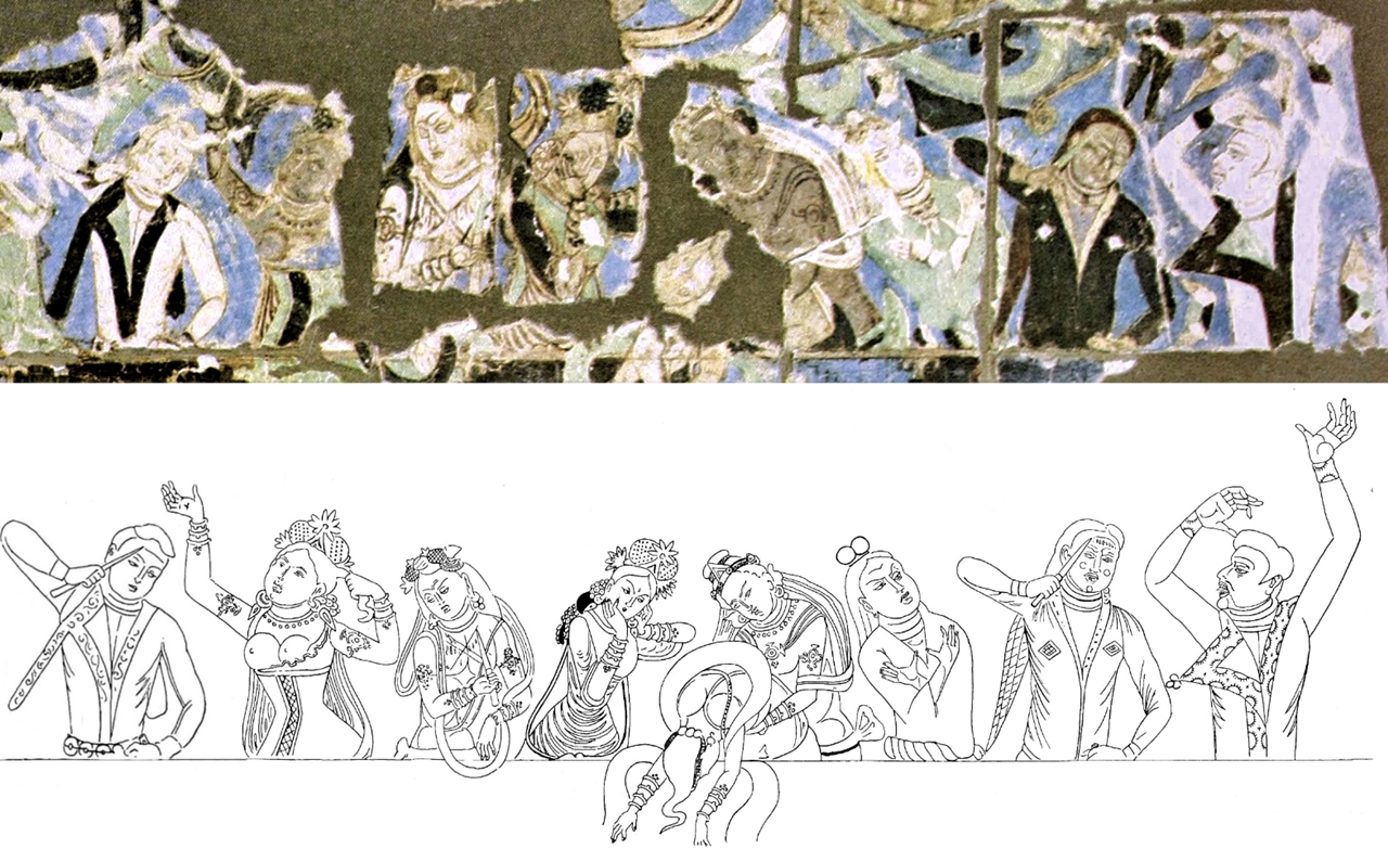 중국 신강(新疆) 쿠차의 키질석굴(제224굴 &nbsp;Maya洞) 벽화에 묘사되어 있는 돌궐인의 애도하는 모습(Wikipedia)<br>