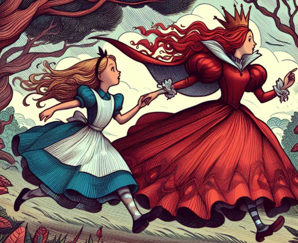 달리고 있는 붉은 여왕과 앨리스. (출처: image creator from microsoft designer)