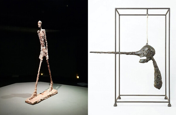 사진 왼쪽은 알베르토 자코메티의 ‘걸어가는 사람 II’ 석고원본 (1960). 2018년 예술의전당 전시 모습. 오른쪽은 알베르토 자코메티가 1940년대 중반부터 작업했던 긴 코를 가진 인물 작업(르 네즈, 1947-1949. 컬렉션 Fondation Giacometti, Paris ©Estate of Alberto Giacometti / Bildupphovsrätt 2020.)