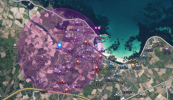 월정리 재활용도움센터(파란 아이콘)의 반경 500m 이내 지역(보라색 원) 출처=다음 카카오맵