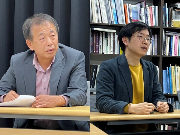 제주의소리 독자위원회가 4월29일 소리 회의실에서 2024년 1분기 회의를 진행했다. 송문희 독자위원장(왼쪽)과 강주형 위원. 