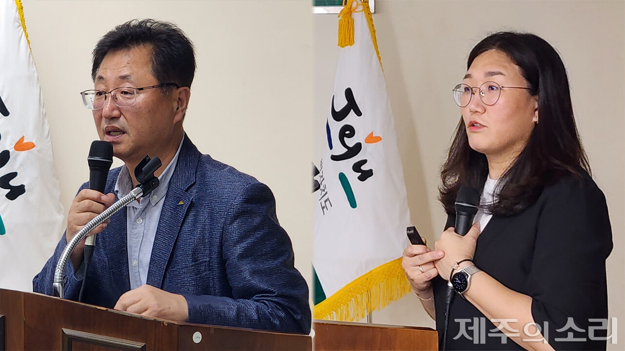 이번 연구용역 책임을 맡은 제주대학교 공동자원과 지속가능사회 연구센터 소속 김자경 박사(사진 오른쪽)와 제주특별자치도 강재섭 농축산식품국장. ⓒ제주의소리