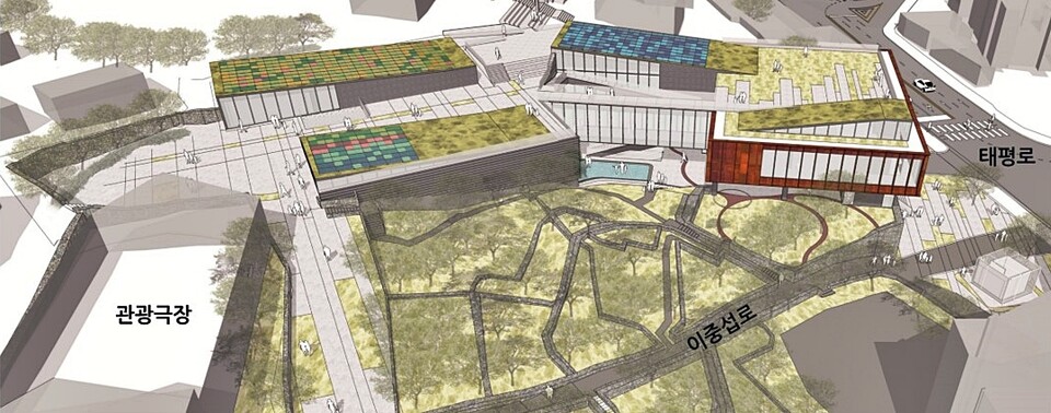 2027년 3월 개관을 목표로 진행 중인 새 이중섭미술관 조감도. 왼쪽 관광극장도 현재 매입을 끝낸 상태이다. / 사진=서귀포시