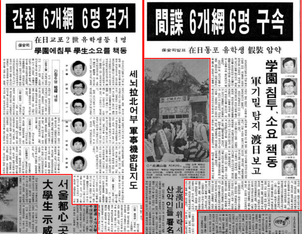 1984년 10월 13일 동아일보(사진 왼쪽)와 14일 조선일보에 보도된&nbsp;서경윤 '6개망 간첩단 사건'. 내용은 다음과 같다.​​​​​​​​​​​​​​<br><br>▲동아일보 = [간첩 6개망 6명 검거] (중략) 간첩 서경윤은 69년 1월 일본 오사카에 사는 당숙을 찾아 일본에 밀항했다가 친척들을 통해 조총련 공작지도원 서상화에게 포섭돼 군사기밀 탐지 등의 지령을 받고 70년 6월 귀국, 당시 해군 상사인 친형 서병윤(46)을 통해 진해 해군기지의 주요시설 함정 동향 등 각종 군사정보를 수집, 보고. 73년 1월과 81년 5월 두 차례나 일본에 밀항해 김해공항의 사정 등을 탐지, 보고.<br><br>​​​​​​​▲조선일보 = [간첩 6개망 6명 구속] 국군보안사령부는 13일 북괴지령에 따라 재일동포 모국유학생으로 가장하여 국내에 침투, 군사기밀을 탐지하고 학원소요를 유도하려던 윤정헌(31.고려대 의학과 3년) 등 6개 간첩망 6명을 구속 송치했다고 발표했다. 보안사는 또 군사기밀을 누설한 서병윤(46.전 해군 준위)을 불구속 입건하고 이들을 신고하지 않은 관련자 6명을 훈방조치했다고 밝혔다. 보안사는 “북괴는 이미 미주-동남아 등지의 해외거점을 활성화하여 해외교포 2세 학생들을 포섭하고 이들을 국내에 침투시켜 학원소요를 일으키게 하고 군사기밀을 탐지, 보고토록 하고 있다”고 지적하고 “이번 사건을 교훈 삼아 국민 모두의 확고한 안보의식으로 북괴의 적화야욕을 분쇄할 것”을 당부했다. 간첩 6명의 범죄사실은 다음과 같다. (중략) 서경윤(39.무직)=취업차 일본으로 밀항, 고모인 조총련 간부(서상화)에게 포섭돼 해군 군항기지 내 주요시설, 기지내 경비상황, 해안초소 경계태세 등 군사기밀을 탐지 보고했다.