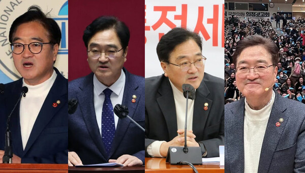 사진 왼쪽부터 2019년 12월, 2022년 12월, 2023년 3월, 2024년 1월 우원식 국회의장 SNS에 올라온 동백꽃 배지 착용 사진. 그는 국회 기자회견과 예산안 수정안 제안설명, 정당 기자회견, 지역구 의정보고회 등 일상 속 4.3배지를 착용했다. 사진=우원식 국회의장 인스타그램 갈무리. 