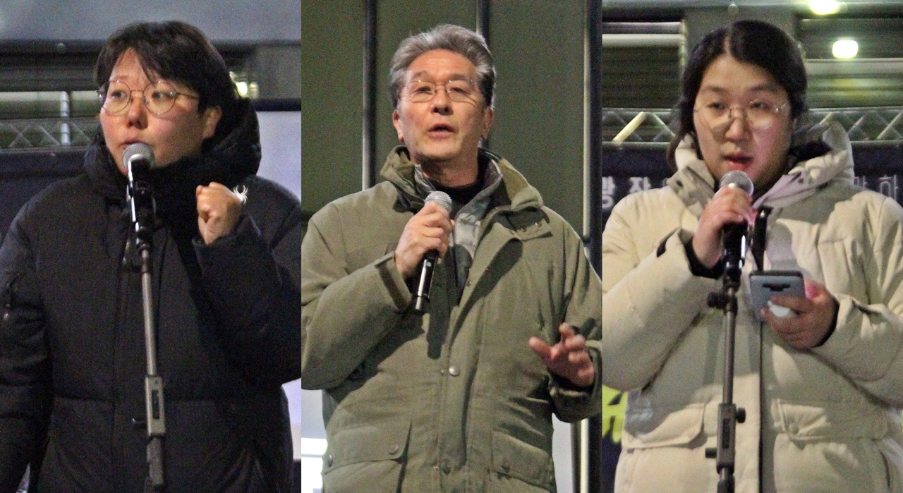 19일 제주도민대회에 연설자로 나선 김지영, 고원수, 강채연. ⓒ제주의소리