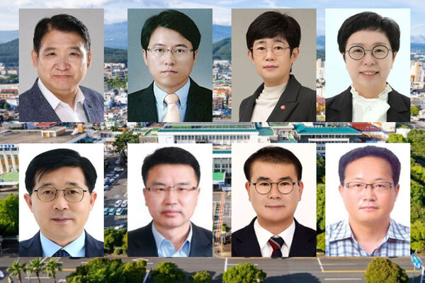 왼쪽 위부터 강동원 제주도의회 사무처장, 조상범 안전건강실장, 김인영 특별자치행정국장, 김미영 경제활력국장, 현원돈 제주시 부시장, 김형은 농축산식품국장, 오상필 해양수산국장, 고종석 세계유산본부장.