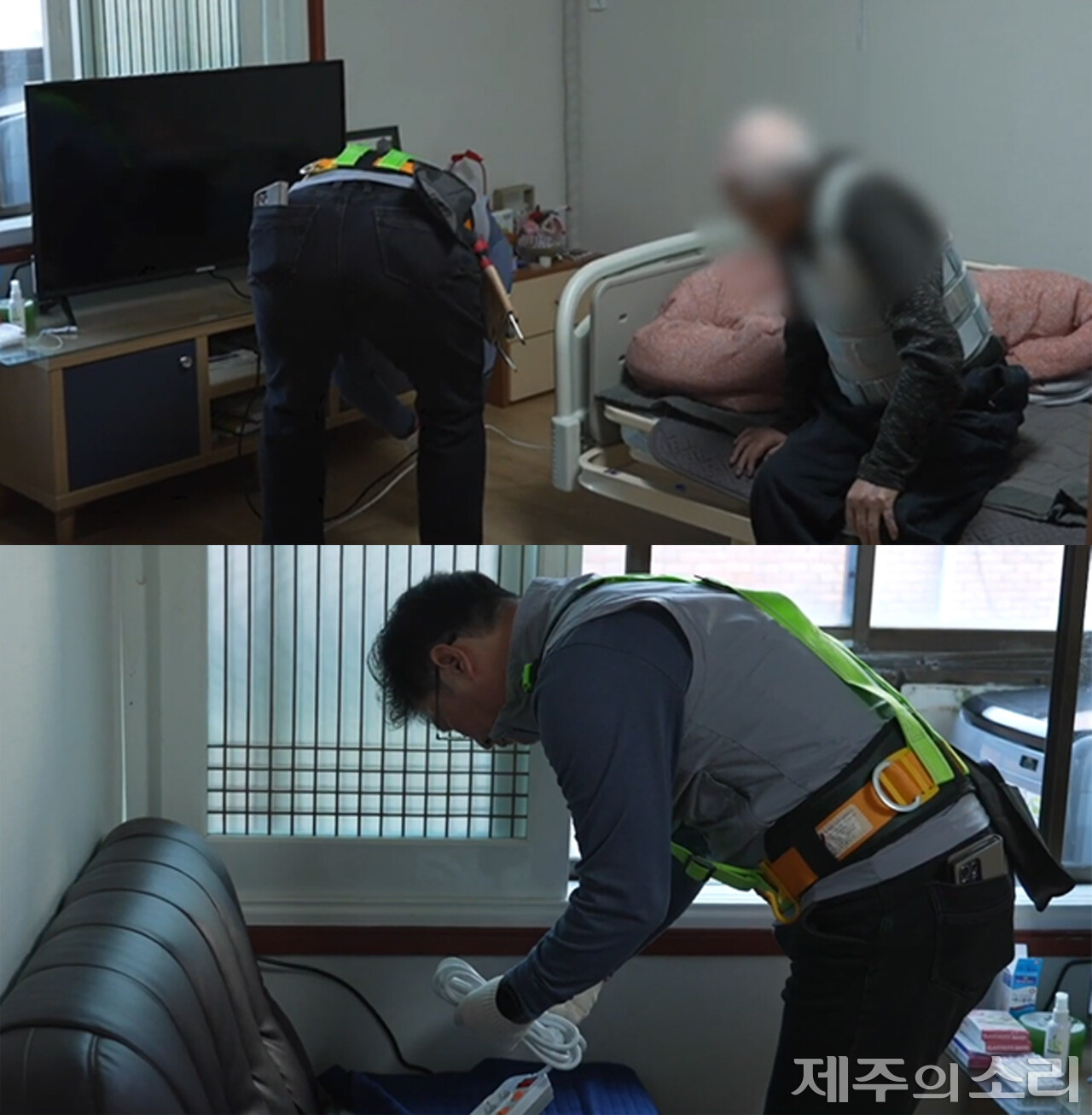 홀로 사는 어르신 가정을 방문에 전기적 위험 요소를 제거하고 있는 박성민 (주)왕성전력 대표. 사진=제주시자원봉사센터 유튜브 갈무리. ⓒ제주의소리