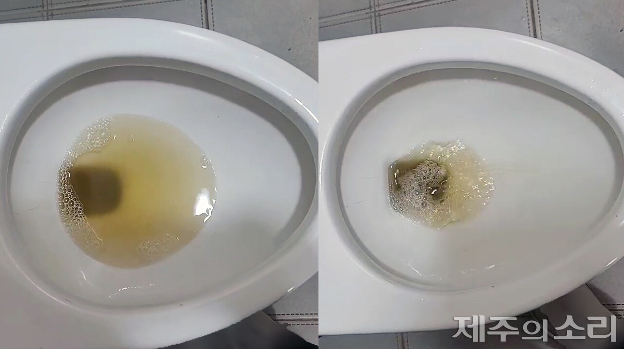 물을 내리기 전 상태(사진 왼쪽)와 물을 내린 뒤 새로운 물이 차오르는 모습. ⓒ제주의소리