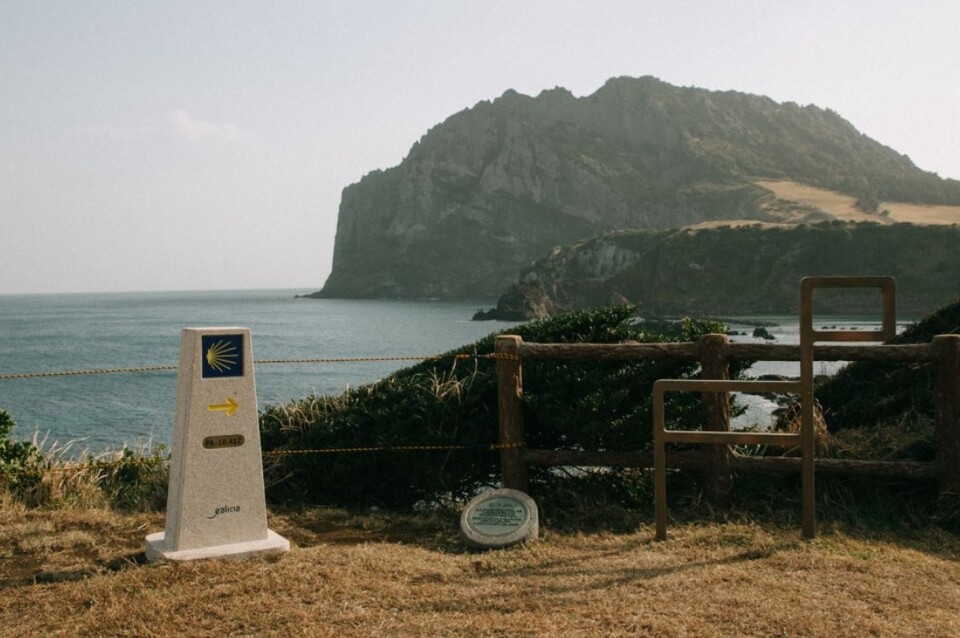 제주올레 1코스 이생진시비거리에 설치된 산티아고 순례길 표지석