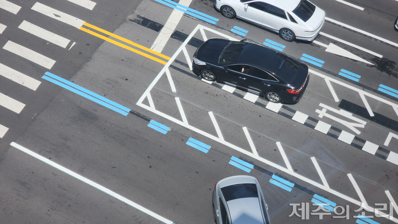 '정차금지' 구간인 중앙버스전용차로에서 유턴 중인 승용차들. ⓒ제주의소리