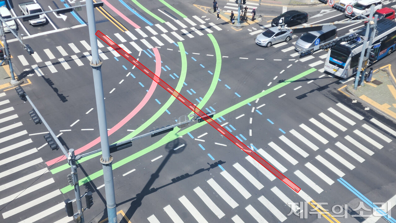 광양사거리 내 이해할 수 없는 흰색 점선(빨간색 상자). 중앙버스전용차로와 맞은편 중앙선을 잇는 구분선이 불필요해 보인다. ⓒ제주의소리