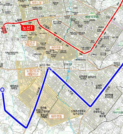 오영훈 제주도정의 수소트램 추진 초기인 2023년 노선(위)과 2025년 노선(아래) 중 바뀐 구역. ⓒ제주의소리