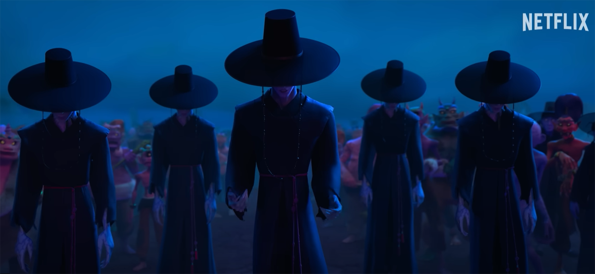 넷플릭스 애니메이션 '케이팝 데몬 헌터스'에서 등장하는 보이그룹 '사자보이즈'. 이들이 검은 도포와 갓을 쓰고 나오면서 우리나라의 갓이 세계적으로 조명받는 또 하나의 계기가 됐다. 사진=넷플릭스 공식 예고편 갈무리.