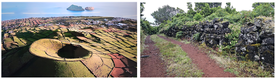 포르투갈 플로레스섬의 오름과 돌담(왼쪽), 포르투갈 플로레스섬의 돌담과 송이길(오른쪽)