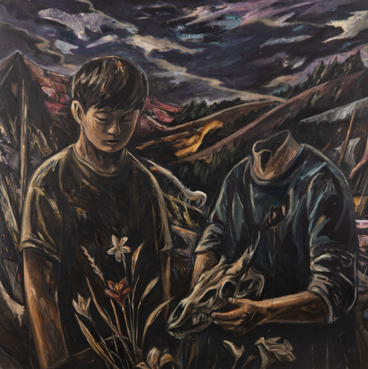 꽃과 뼈(Bloom and Bone), 2025, 캔버스에 아크릴, 130.0 x 130.0cm.<br>