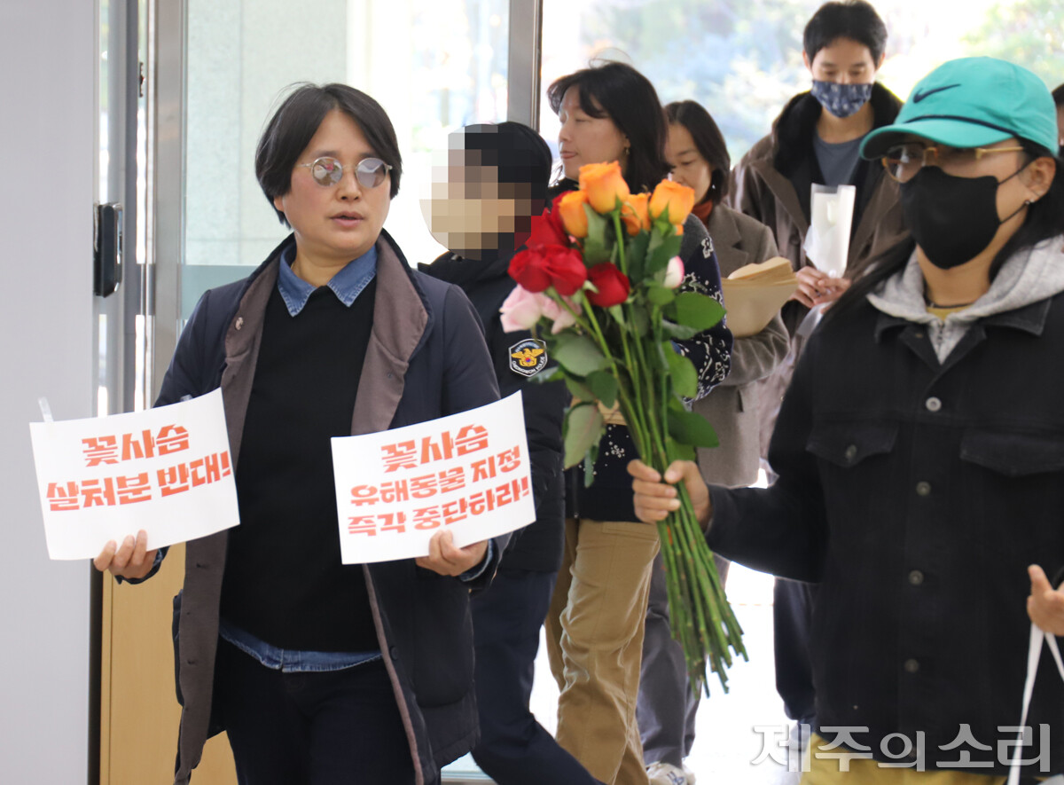 기자회견 이후 이들 단체는 도의회 의원실을 찾아다니며 생명을 존중해달라는 의미의 꽃과 성명서를 전달했다. ⓒ제주의소리
